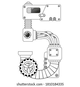 Vector coloring book for adults. Steampunk mathematical symbol five. Mechanical number made of metal gears and various details on white background.