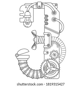 Vector coloring book for adults. Steampunk mathematical symbol Three. Mechanical number made of metal gears and various details on white background.