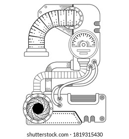 Vektorfarbbuch für Erwachsene. Steampunk-Mathematik-Symbol zwei. Mechanische Zahl aus Metallgetrieben und verschiedene Details auf weißem Hintergrund.