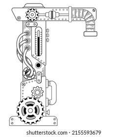 Vector coloring book for adults. Steampunk Cyrillic letter. Mechanical alphabet made of metal gears and various details isolatedon white background