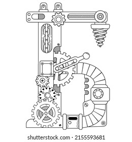 Libro de colorear vectores para adultos. Letra cirílica de Steampunk. Alfabeto mecánico hecho de engranajes metálicos y varios detalles aislados sobre fondo blanco