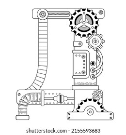 Vector coloring book for adults. Steampunk Cyrillic letter. Mechanical alphabet made of metal gears and various details isolatedon white background