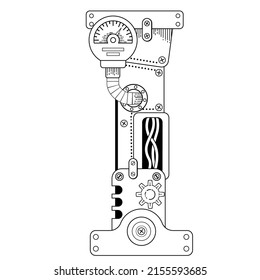 Vector coloring book for adults. Steampunk Cyrillic letter. Mechanical alphabet made of metal gears and various details isolatedon white background