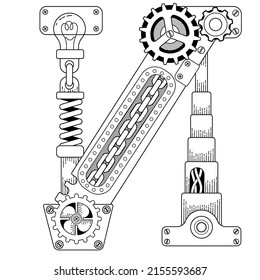 Vektorfarbbuch für Erwachsene. Kyrillischer Steampunkbrief. Mechanisches Alphabet aus Metallgetrieben und verschiedenen Details einzeln auf weißem Hintergrund