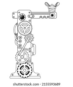 Libro de colorear vectores para adultos. Letra cirílica de Steampunk. Alfabeto mecánico hecho de engranajes metálicos y varios detalles aislados sobre fondo blanco