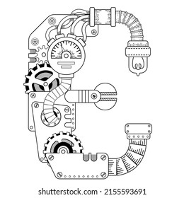 Vektorfarbbuch für Erwachsene. Kyrillischer Steampunkbrief. Mechanisches Alphabet aus Metallgetrieben und verschiedenen Details einzeln auf weißem Hintergrund