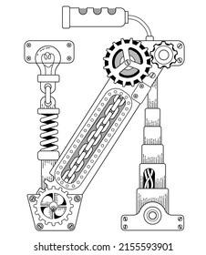 Vektorfarbbuch für Erwachsene. Kyrillischer Steampunkbrief. Mechanisches Alphabet aus Metallgetrieben und verschiedenen Details einzeln auf weißem Hintergrund