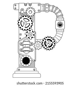 Vektorfarbbuch für Erwachsene. Kyrillischer Steampunkbrief. Mechanisches Alphabet aus Metallgetrieben und verschiedenen Details einzeln auf weißem Hintergrund