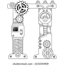 Vector coloring book for adults. Steampunk Cyrillic letter. Mechanical alphabet made of metal gears and various details isolatedon white background