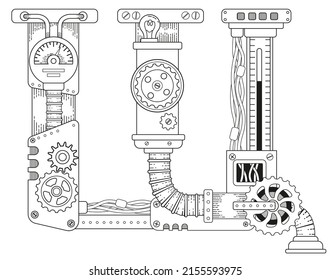 Vector coloring book for adults. Steampunk Cyrillic letter. Mechanical alphabet made of metal gears and various details isolatedon white background