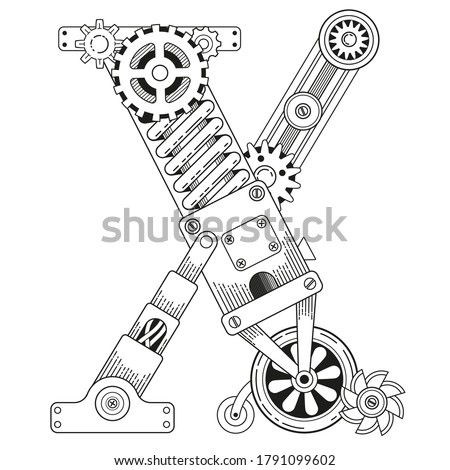 Vector coloring book for adults. Steampunk font. Mechanical alphabet made of metal gears and various details on white background. Capital letter X