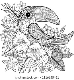 Vector coloring book for adults. Toucan among tropical leaves and flowers. Coloring page for relax and relif