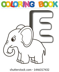 Vector coloring book alphabet with capital letters of the English and cute cartoon animals and things. Coloring page for kindergarten and preschool. Cards for learning English. Letter E. Elephant 