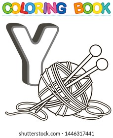 Vector coloring book alphabet with capital letters of the English and cute cartoon animals and things. Coloring page for kindergarten and preschool. Cards for learning English. Letter Y. Yarn