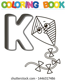 Vector coloring book alphabet with capital letters of the English and cute cartoon animals and things. Coloring page for kindergarten and preschool. Cards for learning English.  Letter K. Kite 