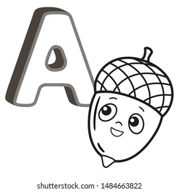 Vector coloring book alphabet with capital letters of the English and cute cartoon animals and things. Coloring page for kindergarten and preschool. Cards for learning English. Letter A. Acorn