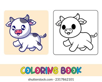 Vector coloring book animal activity. Coloring book cute animal for education cute cow black and white illustration