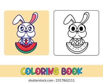 Vector coloring book animal activity. Coloring book cute animal for education cute rabbit eating watermelon black and white illustration
