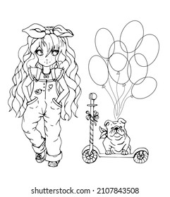 libro de coloreo vectorial en estilo anime, una chica con bulldog