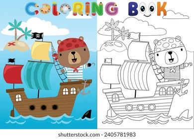 Vector coloring book with bear pirate on sailboat