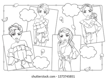 Vector coloring book of beautiful fashion girls in different shirts and blouses