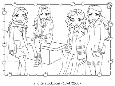 Vector coloring book of beautiful fashion girls in school uniform study in university yard