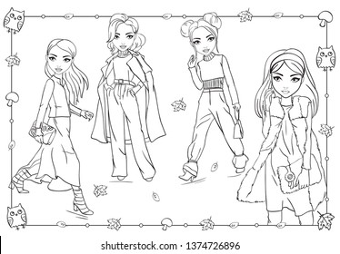 Vector coloring book of beautiful fashion girls in warm clothes are walking in autumn