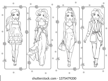 Vector coloring book of beautiful fashion girls in romantic dresses and combinations