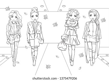 Vector coloring book of beautiful fashion girls in jackets and coats with fur on runway