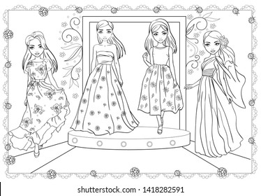 Vector coloring book of beautiful fashion girls in long dresses with a floral pattern standing on runway