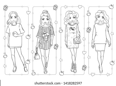 Libro de colorear vectorial de bellas chicas de moda en vestidos cortos con dibujos animados