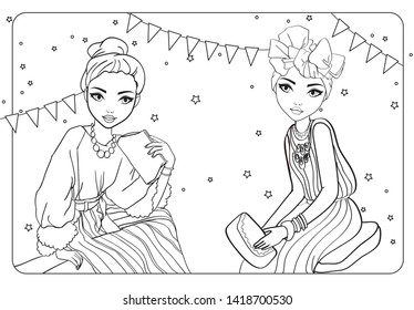 Vector coloring book of beautiful fashion girls in shabby dresses