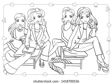 Vector coloring book of beautiful fashion girls in suits and jackets sitting in student yard