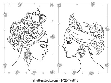 Vector coloring book of beautiful fashion portrait in italian hairstyle with roses and impressive earrings