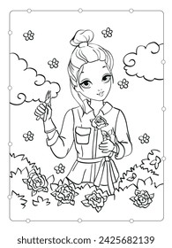 Vector coloring book of beautiful girl takes care of rose bushes