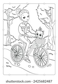 Vector coloring book of beautiful girl rides bike with dog in the park