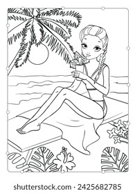 Libro de colorear de vector de la muchacha hermosa que se sienta en la playa con un cóctel junto al mar