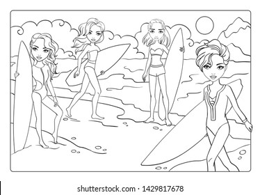 Vector coloring book of beautiful girls in bathing suits with surfboards on beach by sea