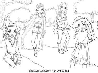 Vector coloring book of beautiful girls in boho style summer clothes walk in park