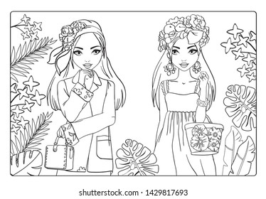 Vector coloring book of beautiful girls in hats with flowers and fruits in jungle