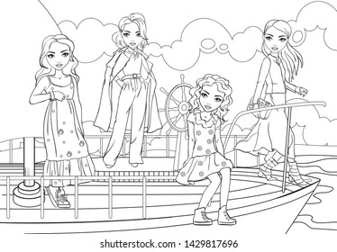 Vector coloring book of beautiful girls in suits on the deck of the yacht