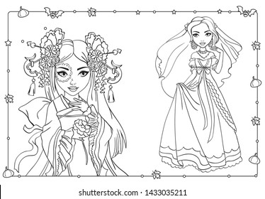 Vector coloring book of beautiful girls in oriental attire and wedding dress