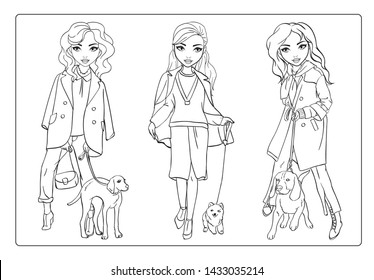 Vector coloring book of beautiful girls walking with their pet dogs