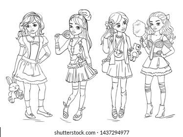 Vector coloring book of beautiful girls dressed in kawaii style