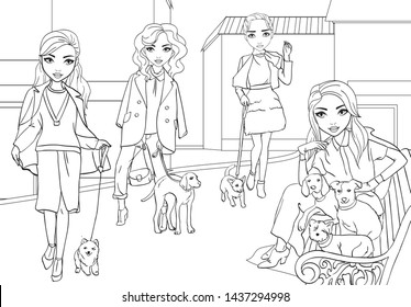 Vector coloring book of beautiful girls walk with their pets in city