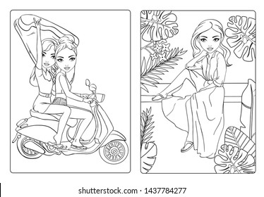 Vector coloring book of beautiful girls moped ride on the beach