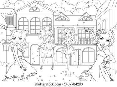 Vector coloring book of beautiful girls in short dresses in carnival city