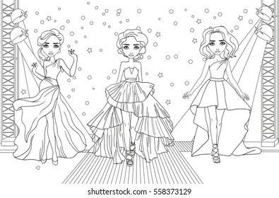 Vector coloring book of beautiful girls in elegant evening dresses standing on runway