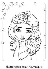 Vector coloring book of beautiful hairstyle girl with diadem