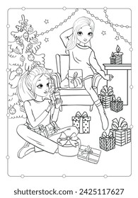 Vector coloring book of beautiful two girls wrapping gifts at christmas